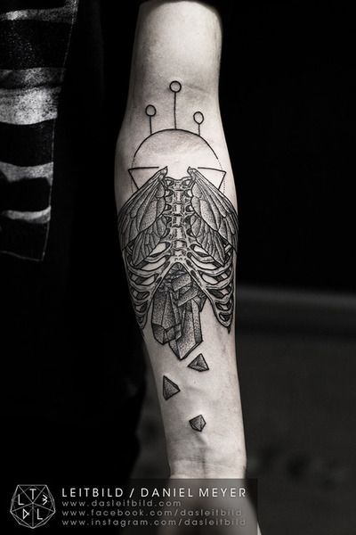 手臂黑色的骨架与翅膀和水晶点刺纹身图案