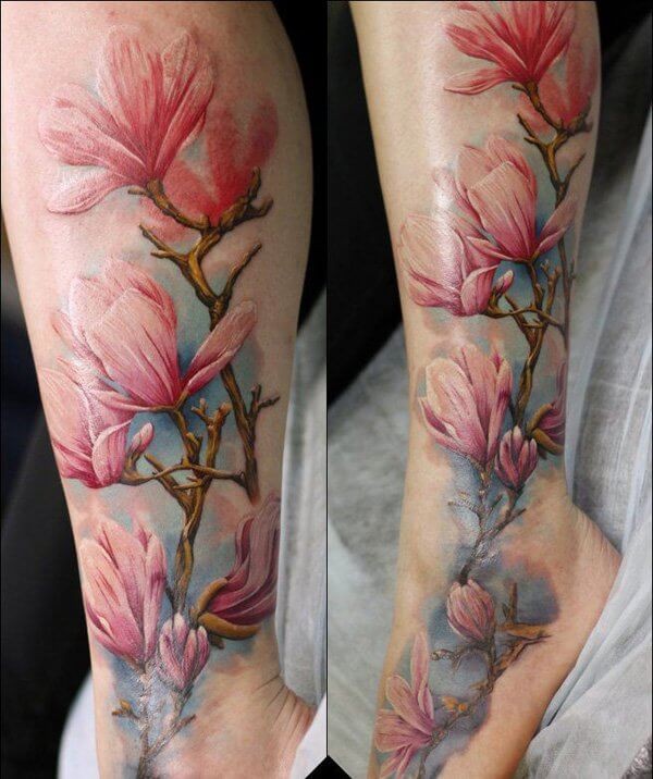 小腿美丽的自然花朵彩色纹身图案