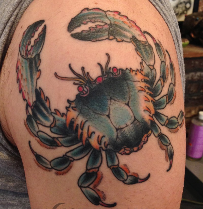 男性手臂写实的青色螃蟹纹身图案