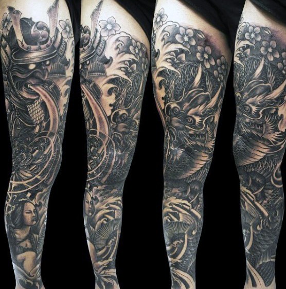 腿部亚洲风格黑色龙和武士艺妓纹身图案