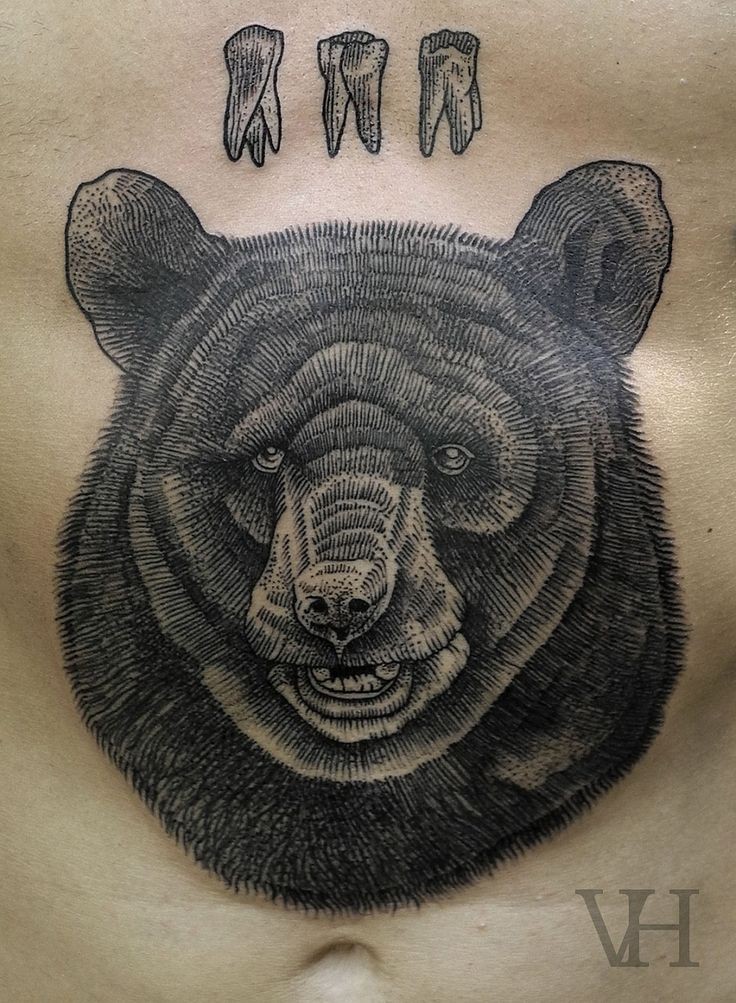 黑色线条熊和熊牙齿纹身图案