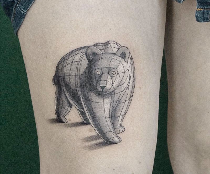 大腿素描风格黑色几何大熊纹身图案