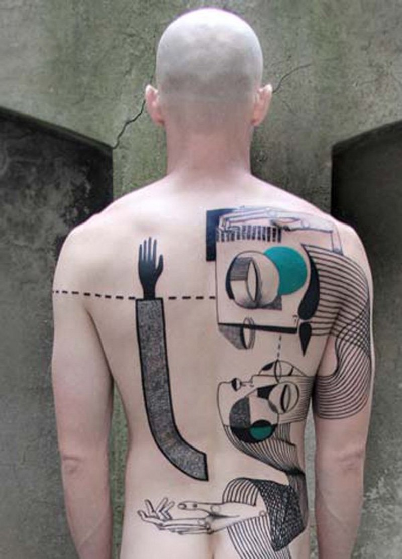 背部五彩缤纷的各种数字线条纹身图案