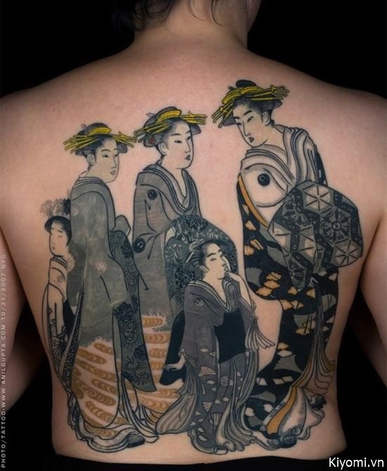 背部日本风格彩色后艺妓和孩子纹身图案