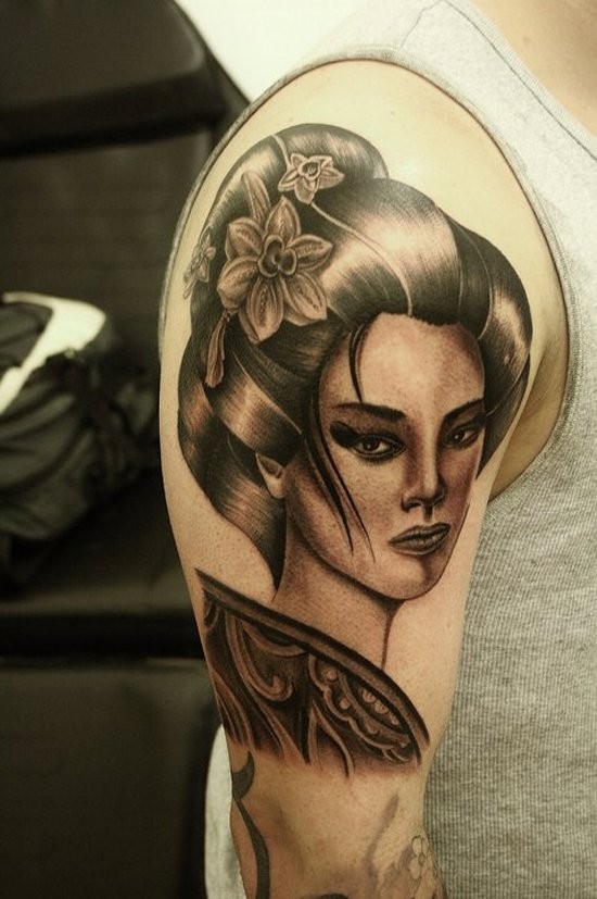 手臂亚洲风格黑白艺妓肖像纹身图案