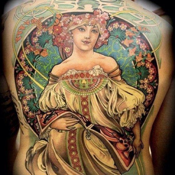 背部美丽的设计多彩插画风格女人与鲜花纹身图案