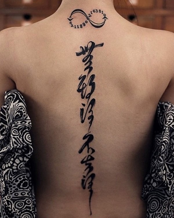 背部黑色的无限符号数字与汉字纹身图案