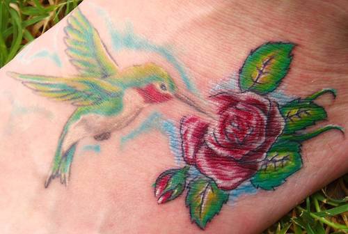 丰富多彩的蜂鸟与玫瑰纹身图案