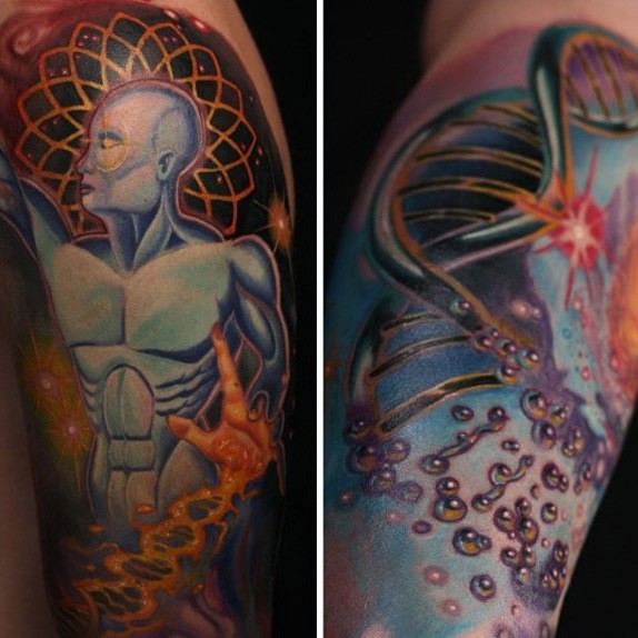 手臂科学主题的彩色DNA梵花纹身图案