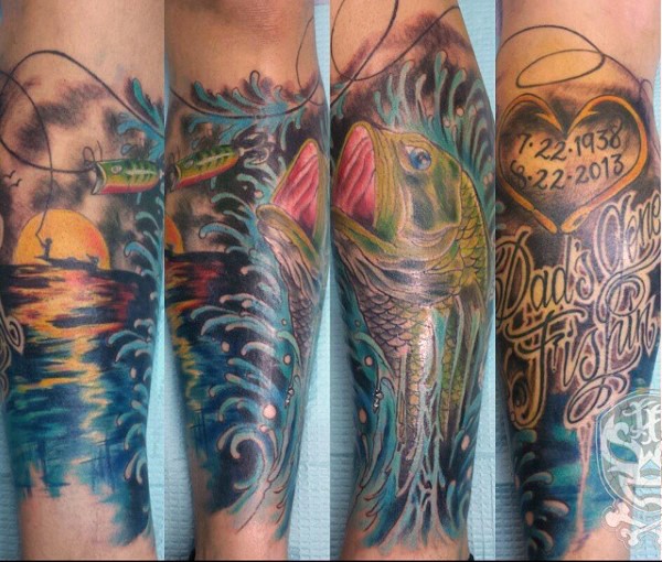 手臂彩色鱼海面与字母纹身图案
