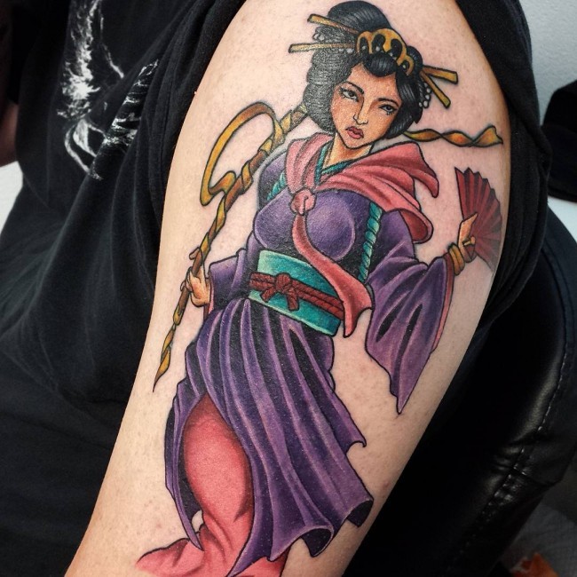 手臂准漂亮的彩色亚洲艺妓纹身图案