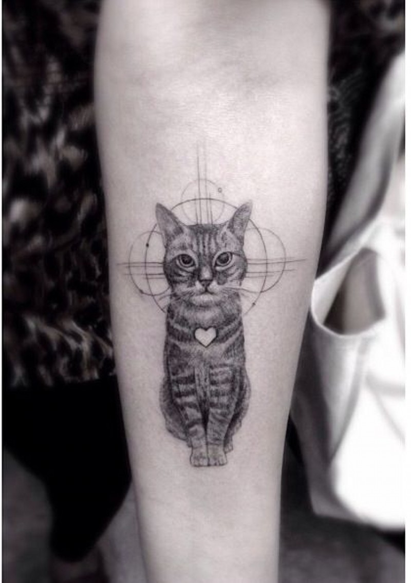 手臂非常逼真的黑白可爱小猫与心形纹身图案