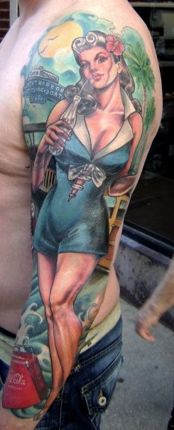 手臂亚洲风格的彩色性感女孩纹身图案