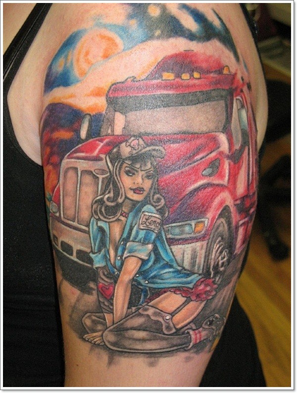大臂漫画风格彩色的性感女消防员纹身图案