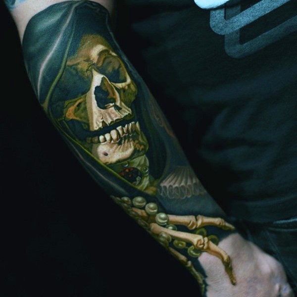 手臂令人毛骨悚然的逼真骷髅骨架纹身图案
