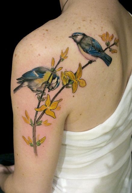 背部手臂美丽逼真的小鸟植物纹身图案