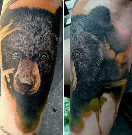 手臂华丽写实的彩色熊纹身图案