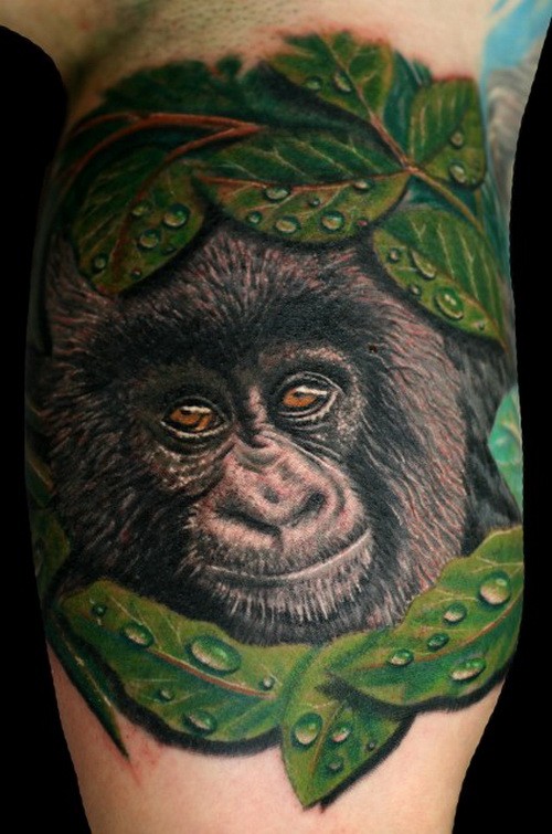 大臂可爱的彩色大猩猩头像纹身图案