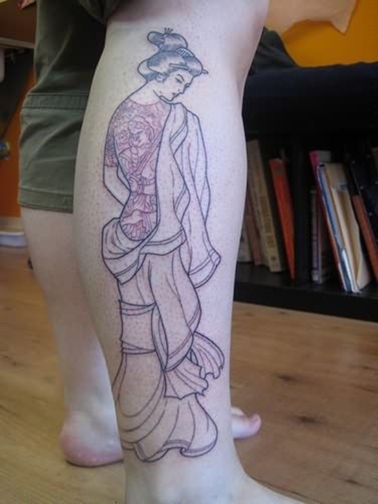 小腿好看的艺妓纹身图案