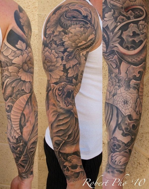 手臂亚洲风格黑色老虎战斗大蛇与骷髅纹身图案