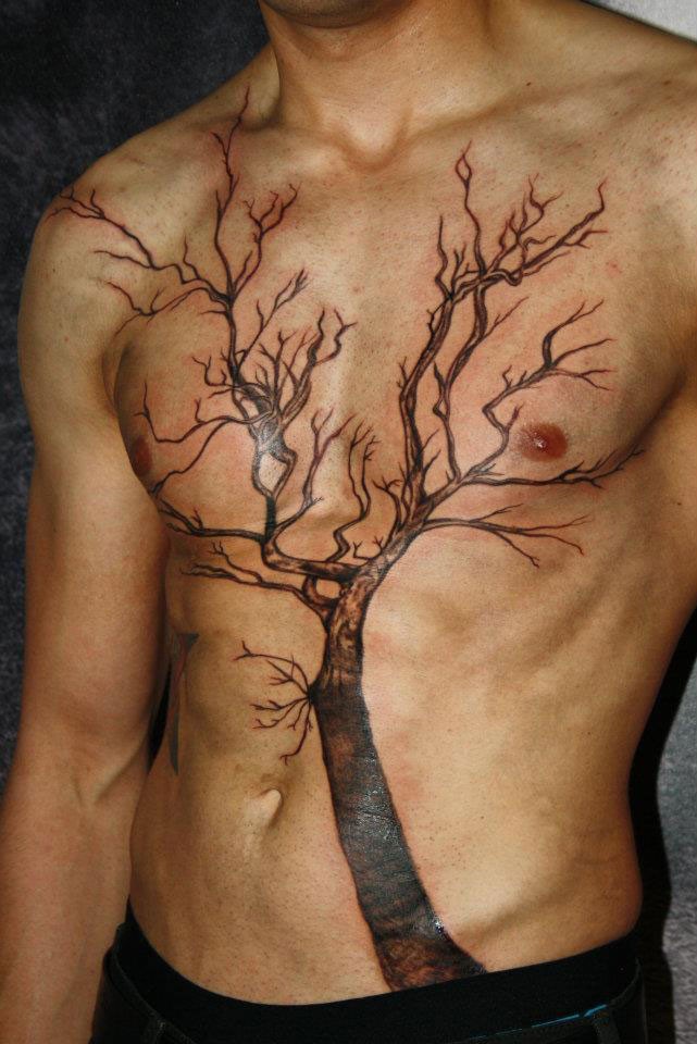 男人腹部一棵大树纹身图案