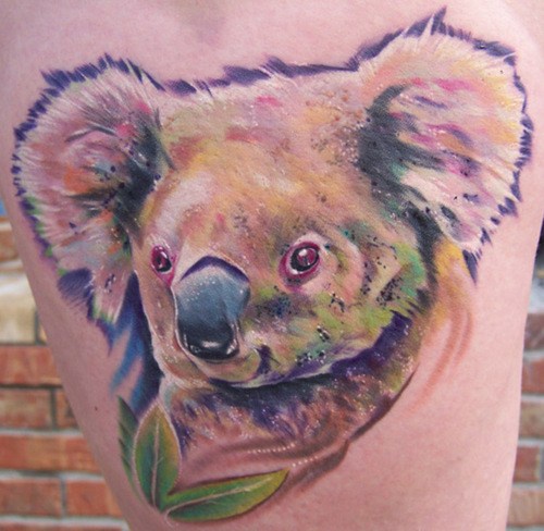 考拉熊与树叶彩色纹身图案