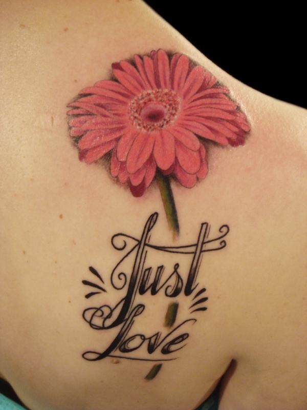 美丽的粉红色雏菊花与字母纹身图案