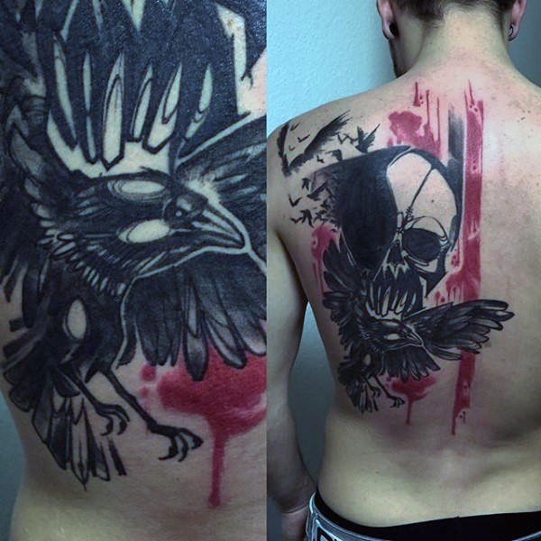恐怖的彩色血腥骷髅与乌鸦纹身图案