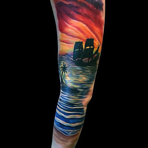 华丽好看的彩色日落与船和棕榈树纹身图案