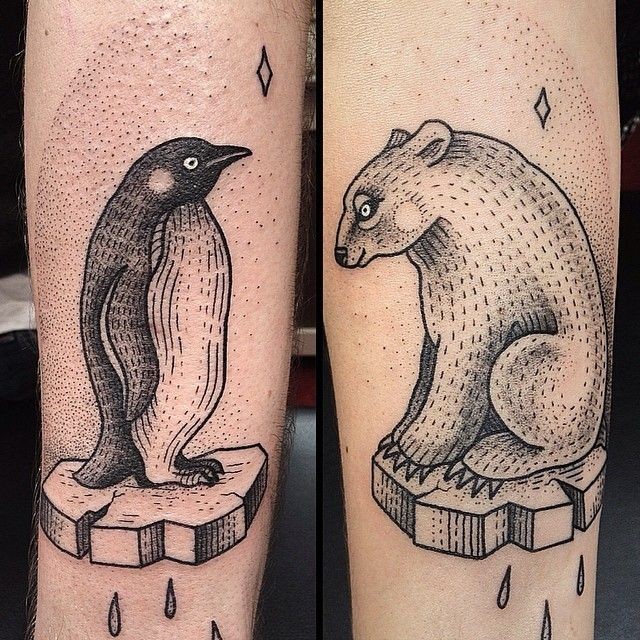 old school黑色点刺企鹅和熊冰块纹身图案