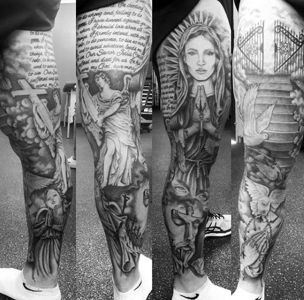 腿部美丽的黑白字母宗教人物纹身图案