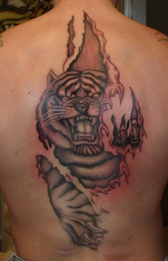 背部老虎与皮肤撕裂纹身图案