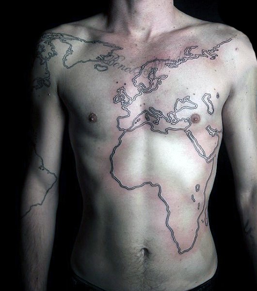 胸部和腹部简约的黑色线条世界地图纹身图案