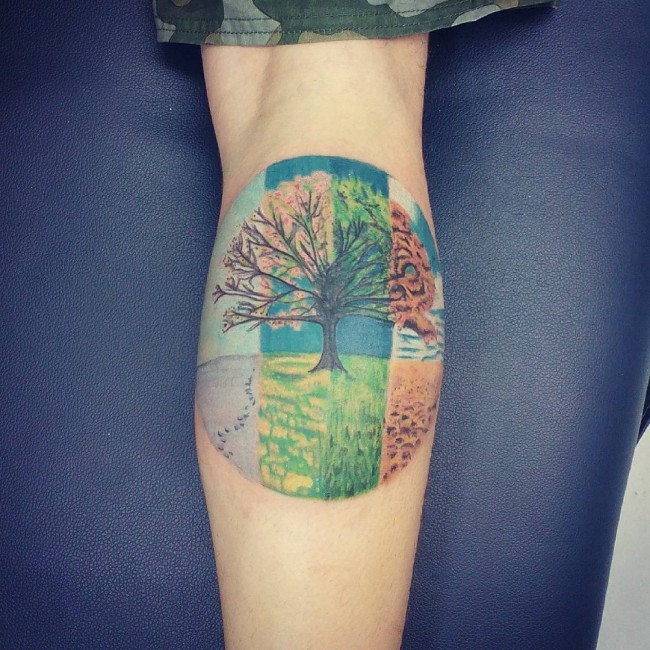 小腿美丽的圆形不同季节树纹身图案
