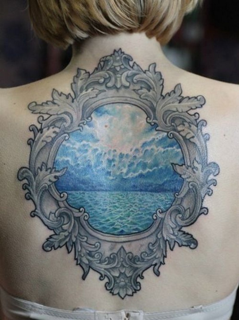 背部old school漂亮的蓝色海洋纹身图案