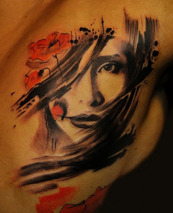 亚洲风格的红色花朵和艺妓纹身图案
