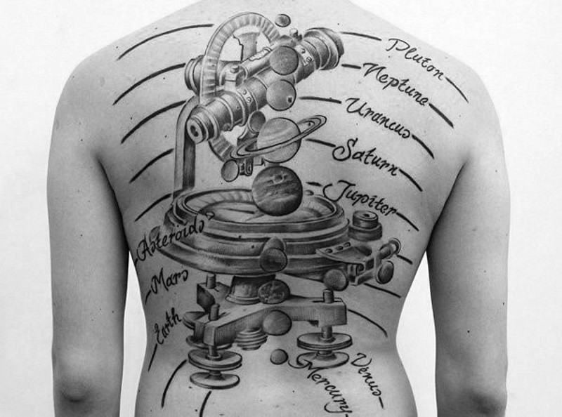 背部科学风格显微镜和字母太阳系纹身图案