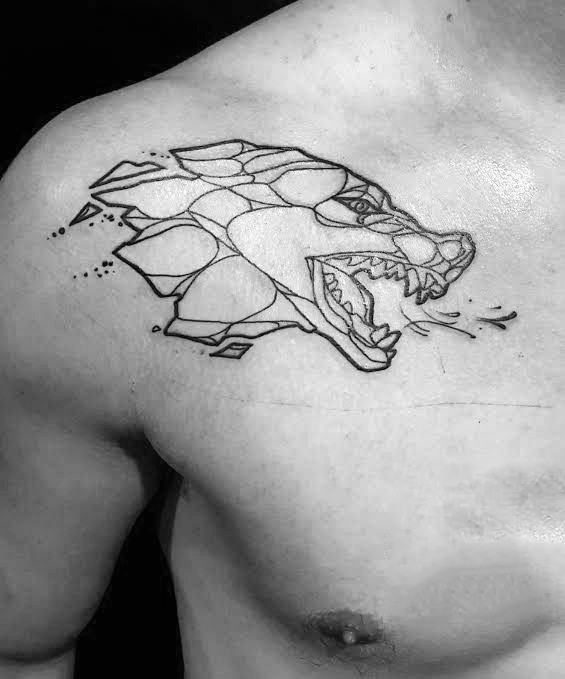 肩部素描风格黑色线条狼头纹身图案