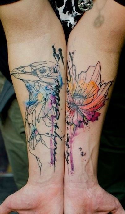 手臂可爱的黑色线条与水彩鸟纹身图案