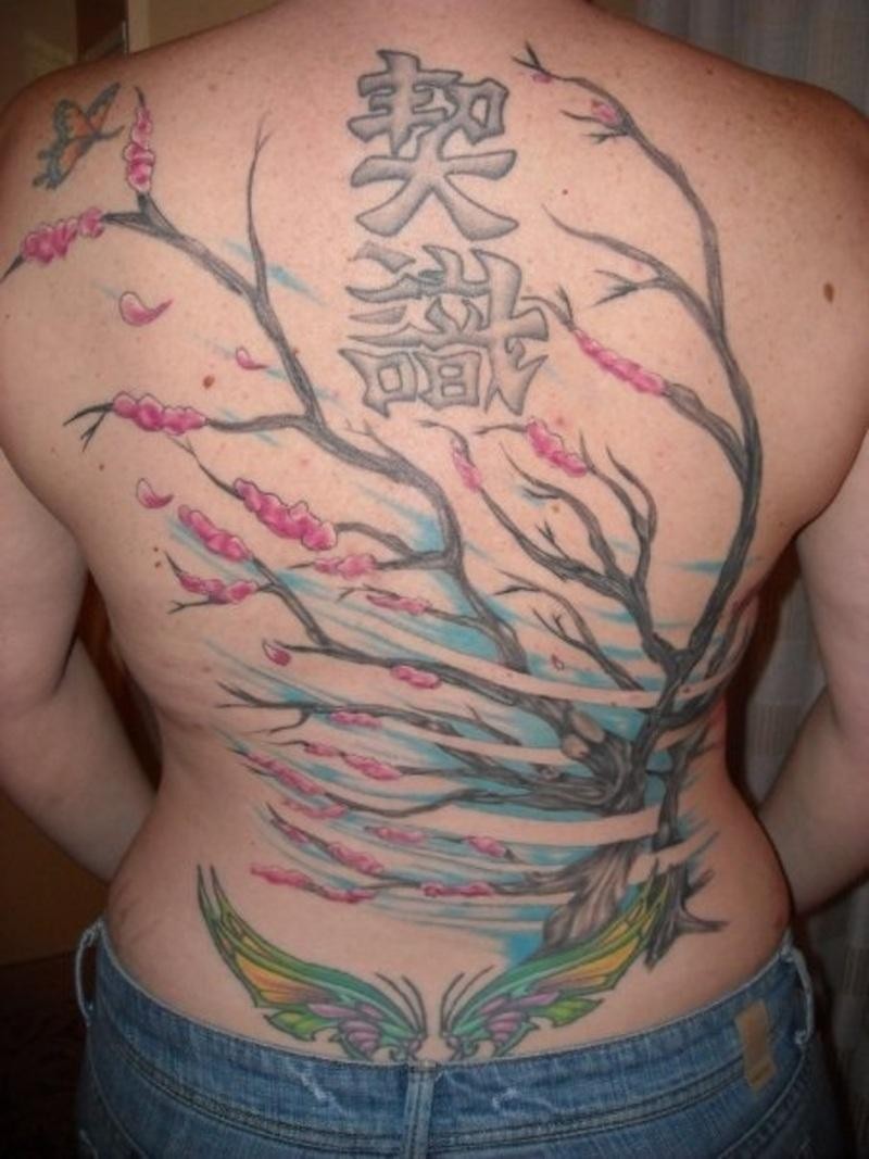 背部中国风汉字花朵树纹身图案