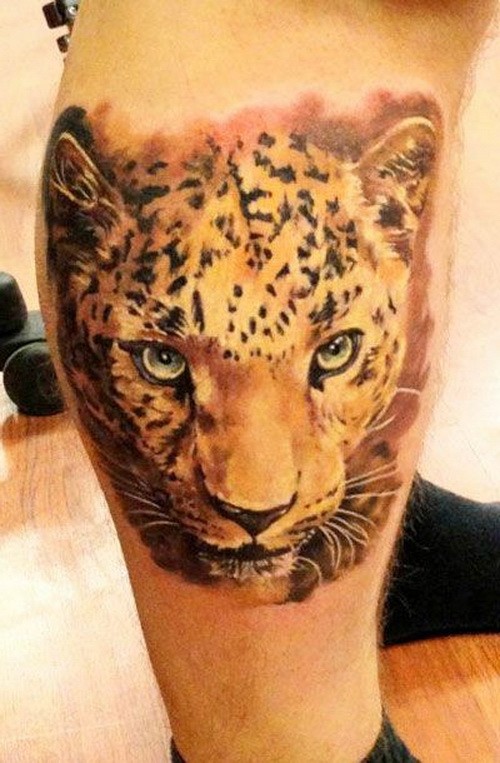 小腿彩色的猎豹头部纹身图案