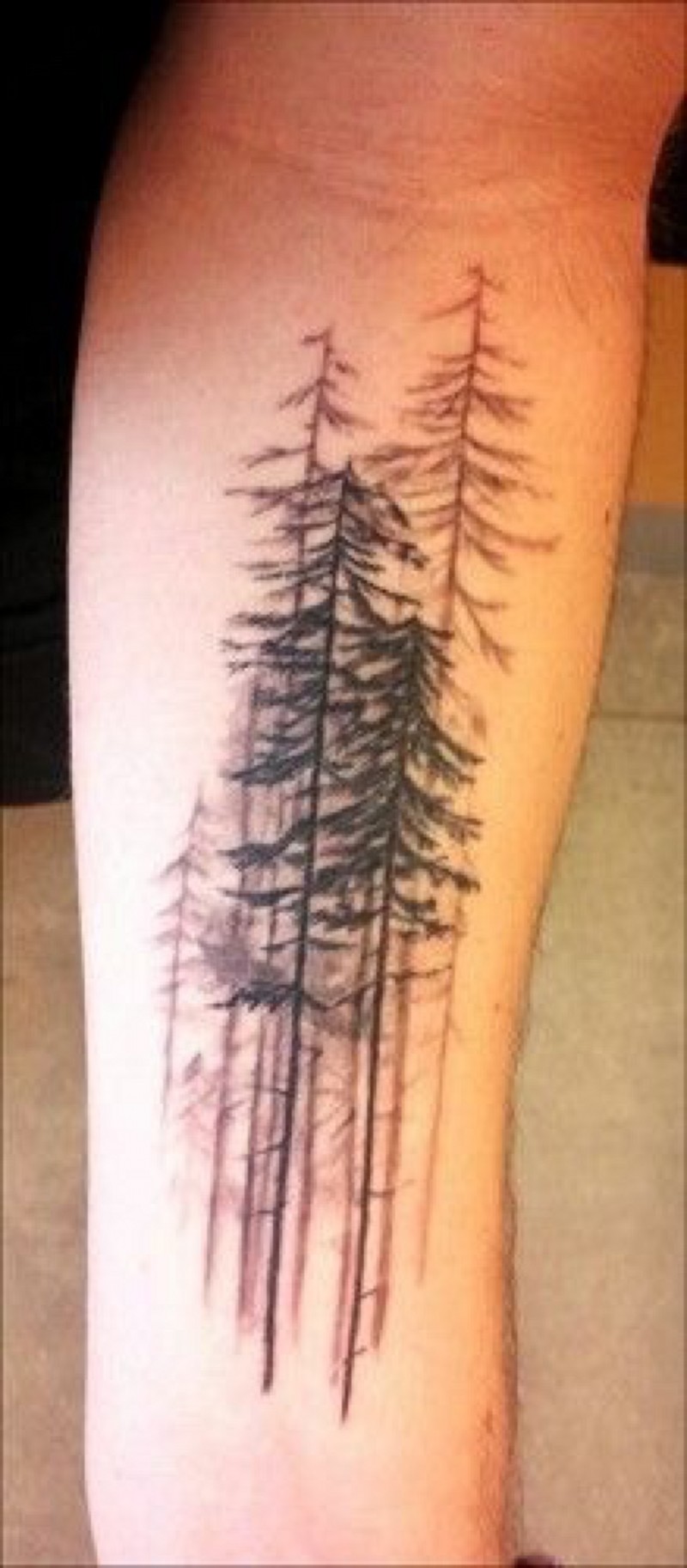 手臂逼真的黑色森林简约纹身图案