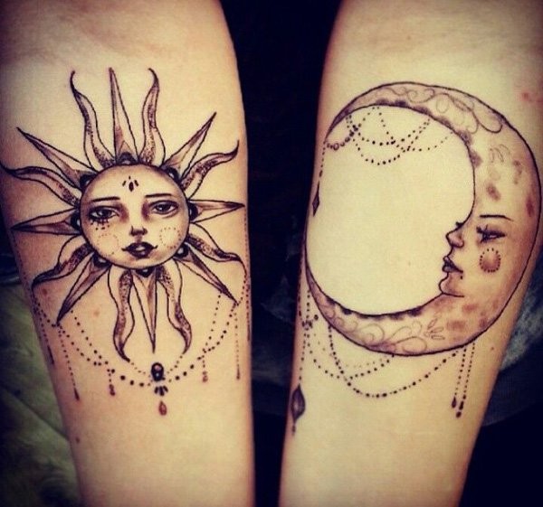 手臂优雅的的太阳和月亮纹身图案