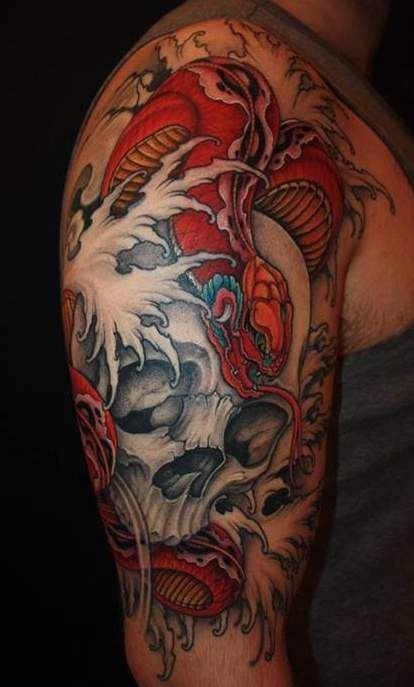 手臂上的骷髅和红色蛇纹身图案