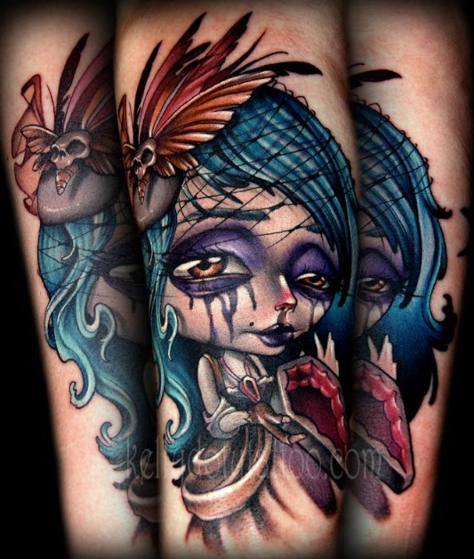 小臂彩色可爱的女巫和棺材纹身图案