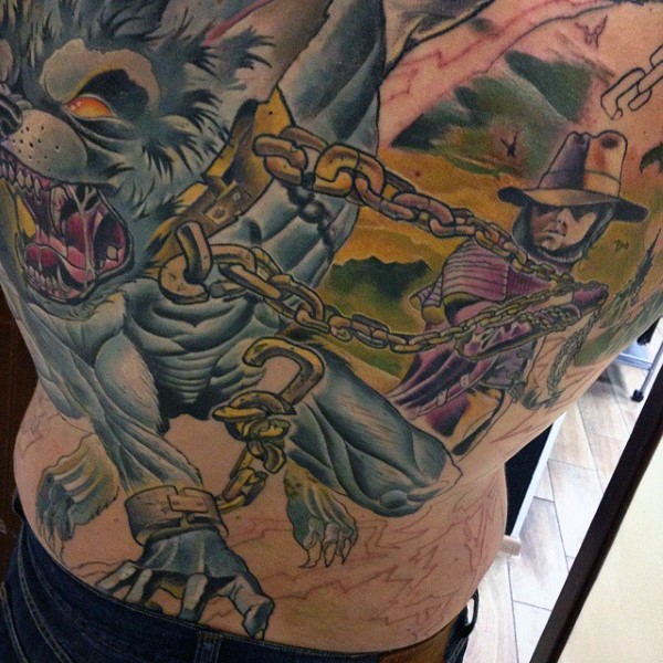 背部壮观的插画风格男人与狼人纹身图案