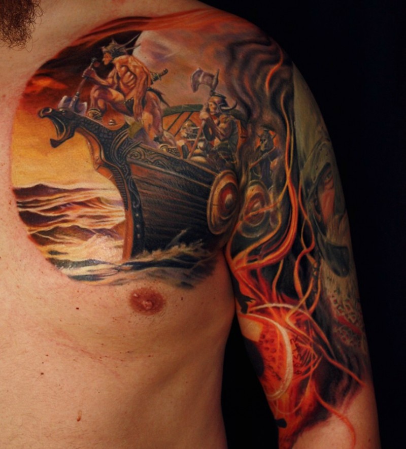 半甲美丽多彩的海盗船纹身图案