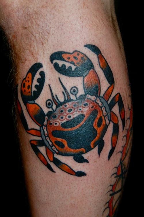 小腿彩色的螃蟹个性纹身图案