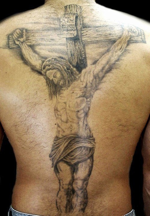 背部耶稣被钉死在十字架纹身图案