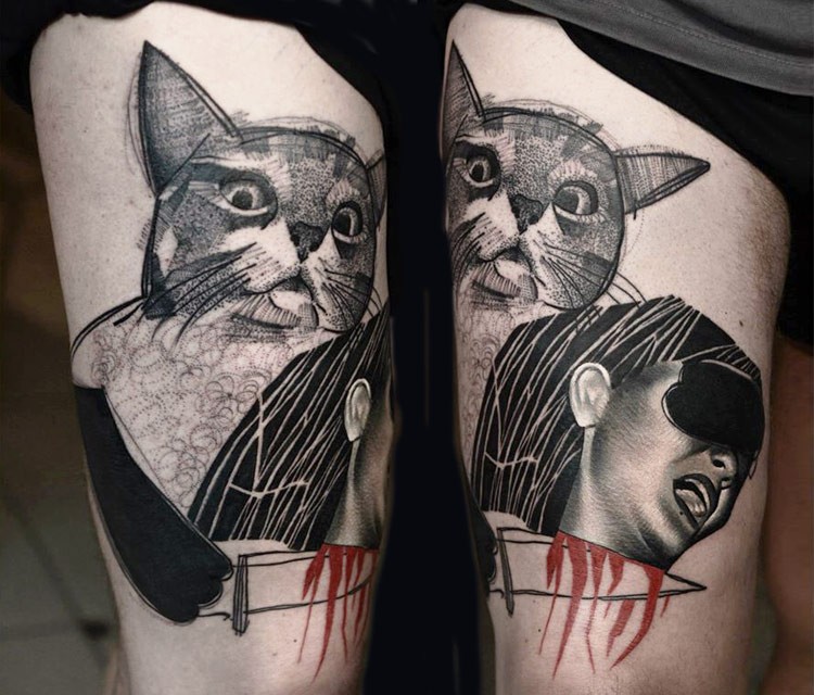 大腿雕刻风格黑色尖叫的女人与猫头纹身图案